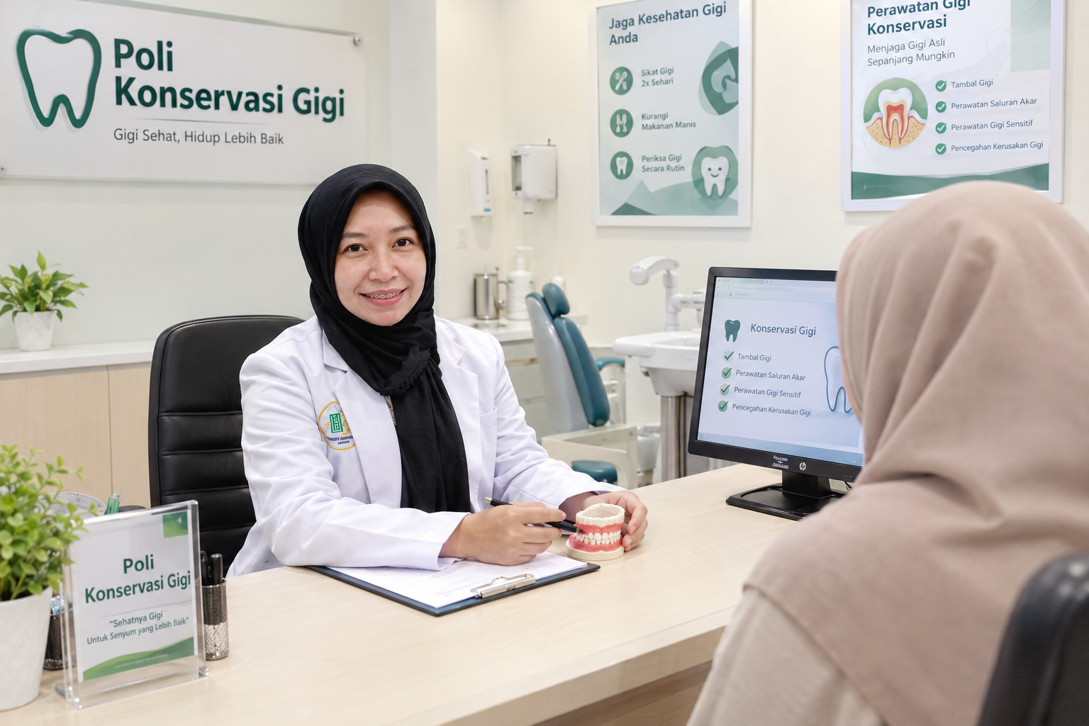 Dokter gigi melayani konsultasi pasien di Poli Konservasi Gigi RSI Nyai Ageng Pinatih Gresik.